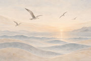 Seagulls Over Sunset Ocean Wallpaper Coastal Landscape Wall Mural design