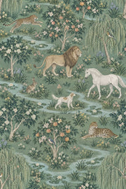 Lions And Leopards Garden Scene Wallpaper Muted Green Chinoiserie design