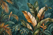 Exotic Birds And Tropical Leaves Wallpaper Teal Rainforest Wall Mural design