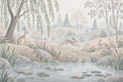 Watercolor Rabbits Pond Wallpaper Woodland Landscape Wall Mural design