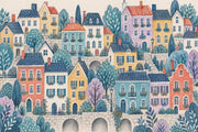 Watercolor European Street Wallpaper Pastel Village Wall Mural design