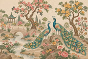 Peacocks In Chinoiserie Garden Wallpaper Pagoda Landscape Wall Mural design