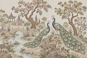 Peacocks In Chinoiserie Garden Wallpaper Pastel Landscape Wall Mural design