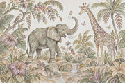 Elephant And Giraffe Safari Wallpaper Vintage Tropical Wall Mural design