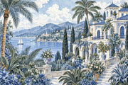 Mediterranean Villa Seascape Wallpaper Watercolor Coastal Wall Mural design