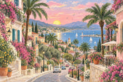 Mediterranean Coastal Village Sunset Wallpaper Romantic Seaside Wall Mural design