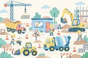 Kids Construction Site Wallpaper Watercolor Trucks And Crane Wall Mural design