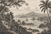 Sepia Tropical Coastline Wallpaper Vintage Panorama Wall Mural design