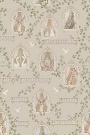 Whimsical Animals Ornate Windows Wallpaper Pastel Light Beige design