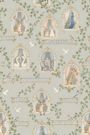 Fairy Tale Palace Animals Wallpaper Muted Green Watercolor design