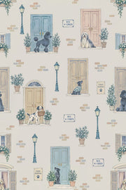 Dogs And Parisian Doors Wallpaper Pastel Watercolor Street Scene design