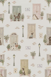 Dogs On A French Street Wallpaper Pastel Door Illustration design