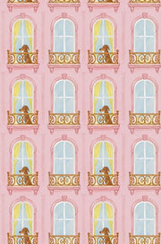 Dogs On Pink Parisian Balcony Wallpaper Pastel Watercolor design