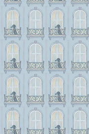Gray Dogs On Parisian Balconies Wallpaper Powder Blue Watercolor design