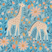 Whimsical Giraffe Floral Wallpaper Blue Background design