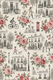 Pink Roses Townhouse Wallpaper Toile Street Scene Cream design