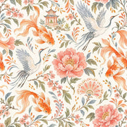 Koi Fish And Cranes Wallpaper Watercolor Chinoiserie Floral design