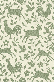 Roosters And Goats Wallpaper Sage Green Folk Art design