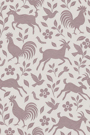 Roosters And Goats Wallpaper Folk Art Floral Pink design