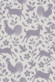 Roosters And Goats Wallpaper Lavender Folk Art On Ivory design