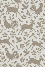 Goats Roosters And Birds Wallpaper Folk Floral Taupe design
