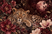 Reclining Leopard Wallpaper Mural, Dark Burgundy Florals And Moon design