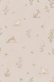 Watercolor Rabbits Wallpaper Soft Beige Woodland Animals Pattern design
