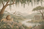 Safari Animals Wallpaper Mural Muted Green Watercolor Landscape design