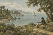 Vintage Inspired Lakeside Sailboat Wallpaper Mural Muted Blue Engraving design