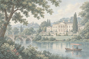 European Manor Lake Wallpaper Mural Vintage Inspired Pastel Scenic Landscape design