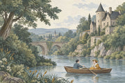 Romantic River Boat Scene Wallpaper Mural Vintage Inspired Pastel Landscape design