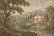 River Bridge And Neoclassical Villa Wallpaper Mural Vintage Inspired Beige Fresco design