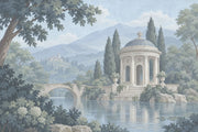 Neoclassical Pavilion Lake Scene Wallpaper Mural, Soft Blue Vintage Inspired Landscape design