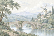Stone Bridge And Windmill Wallpaper Mural, Pastel Watercolor Countryside design