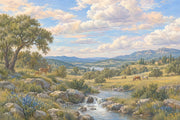 Deer And Stream Pastoral Landscape Wallpaper Mural Blue Sky Traditional design