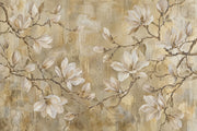 White Magnolia Flowers Wallpaper Mural, Textured Gold Beige Botanical Branches design