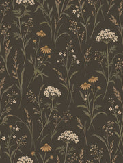 Wildflower Stems Wallpaper Dark Floral Brown Olive design