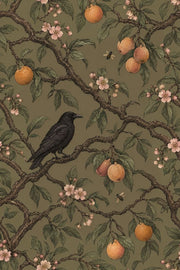 Raven And Citrus Branches Wallpaper Muted Green Vintage Botanical design