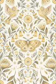 Flying Birds And Moth Wallpaper Symmetrical Vintage Botanical Ivory design