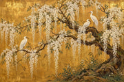 White Herons And Hanging Blossoms Wallpaper Antique Gold Wall Mural design