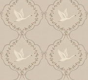 White Swans And Rose Medallions Wallpaper Muted Green Cream design