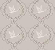 White Swans And Rose Medallions Wallpaper Muted Green design
