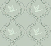 White Swan And Rose Medallion Wallpaper Muted Green design