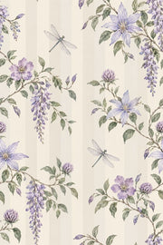 Lavender Flower And Dragonfly Wallpaper Cream Striped Botanical design