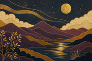 Golden Full Moon Scenic Landscape Wallpaper Mural Art Deco Navy design