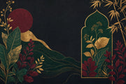 Gold Botanical Bamboo Wallpaper Mural Black Background With Burgundy Moon design