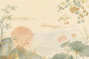 Lotus And Bamboo Wallpaper Mural Cream Chinoiserie Watercolor Landscape design