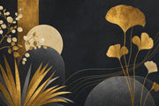 Gold Ginkgo Leaves Wallpaper Mural Art Deco Black Background design