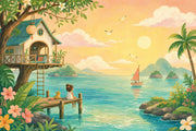 Tropical Treehouse Pier Wallpaper Mural Watercolor: Turquoise Ocean Sunset design