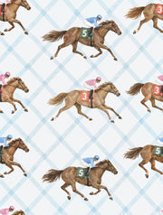 Racing Horses And Jockeys Wallpaper Light Blue Trellis Background design